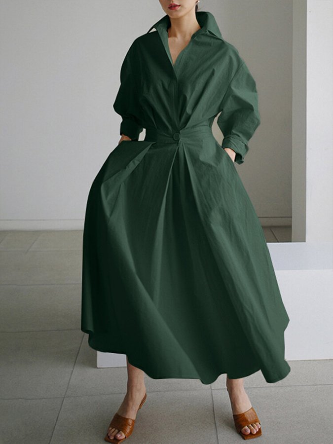 Women's Long Sleeve Shirt Dress With Collar And Tied Waist