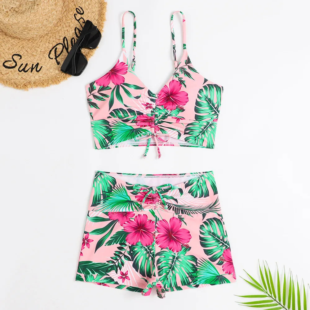 Women's Floral High-waisted Bikini Set With Ruched Top