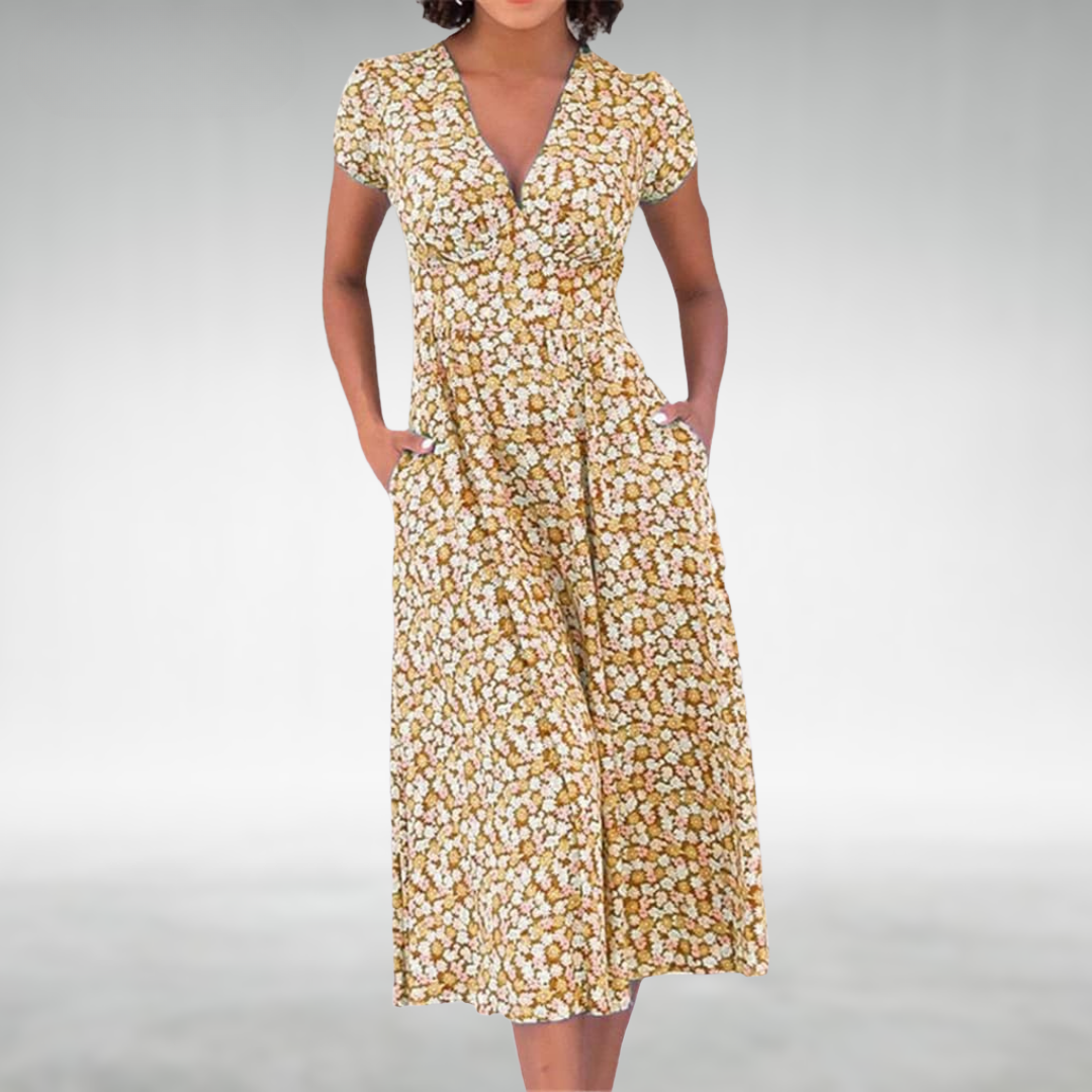 Women's Floral Summer Midi Dress With V-neck And Short Sleeves