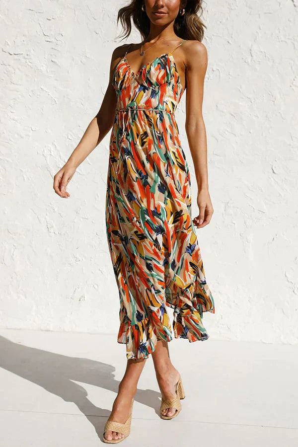 WOMEN'S MIDI SUMMER DRESS – LIGHTWEIGHT CHIFFON, RELAXED FIT, V-NECK WITH PRINT