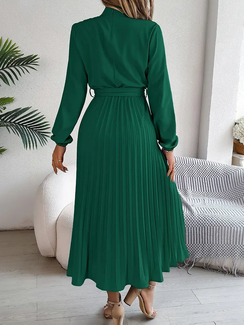 Women's Pleated Midi Dress With Long Sleeves And Belted Waist