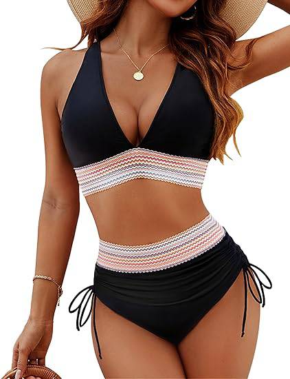 Women's Halter Bikini Set With Crochet Trim And High-waisted Bottoms