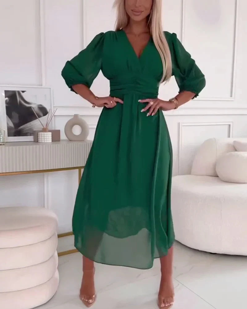 Women's Summer Midi Dress With V-neck & Puff Sleeves
