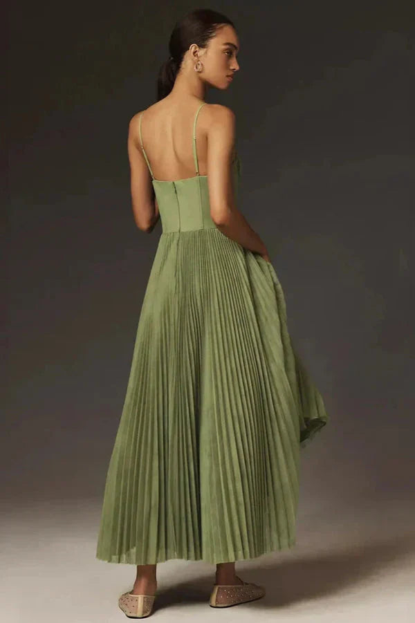 Women's Pleated Midi Dress With Spaghetti Straps And Fitted Bodice