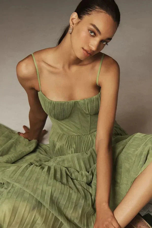 Women's Pleated Midi Dress With Spaghetti Straps And Fitted Bodice