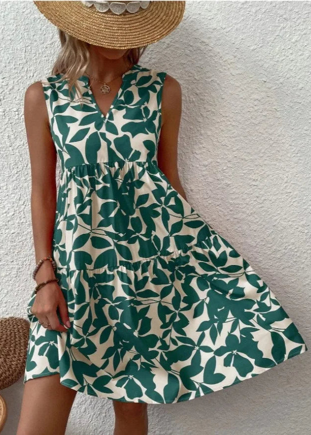 Women's Sleeveless Floral Summer Mini Dress With V-neck