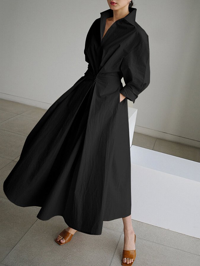 Women's Long Sleeve Shirt Dress With Collar And Tied Waist