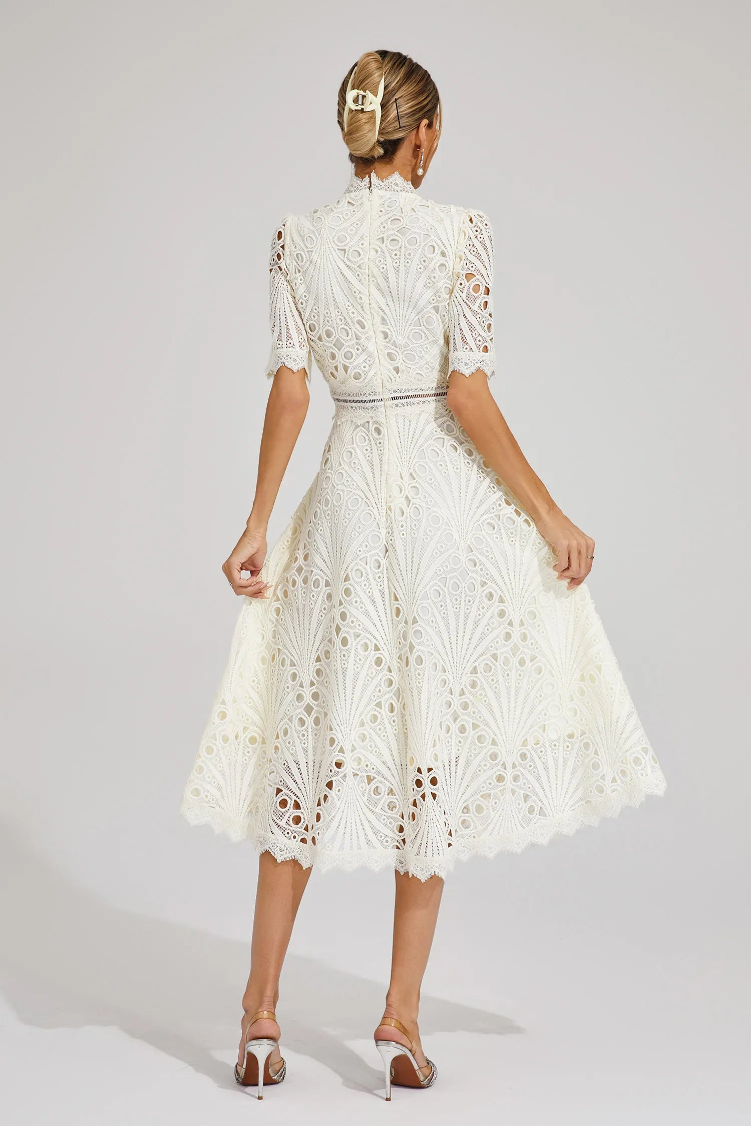 Women's Lace Midi Dress With High Neck And Short Sleeves