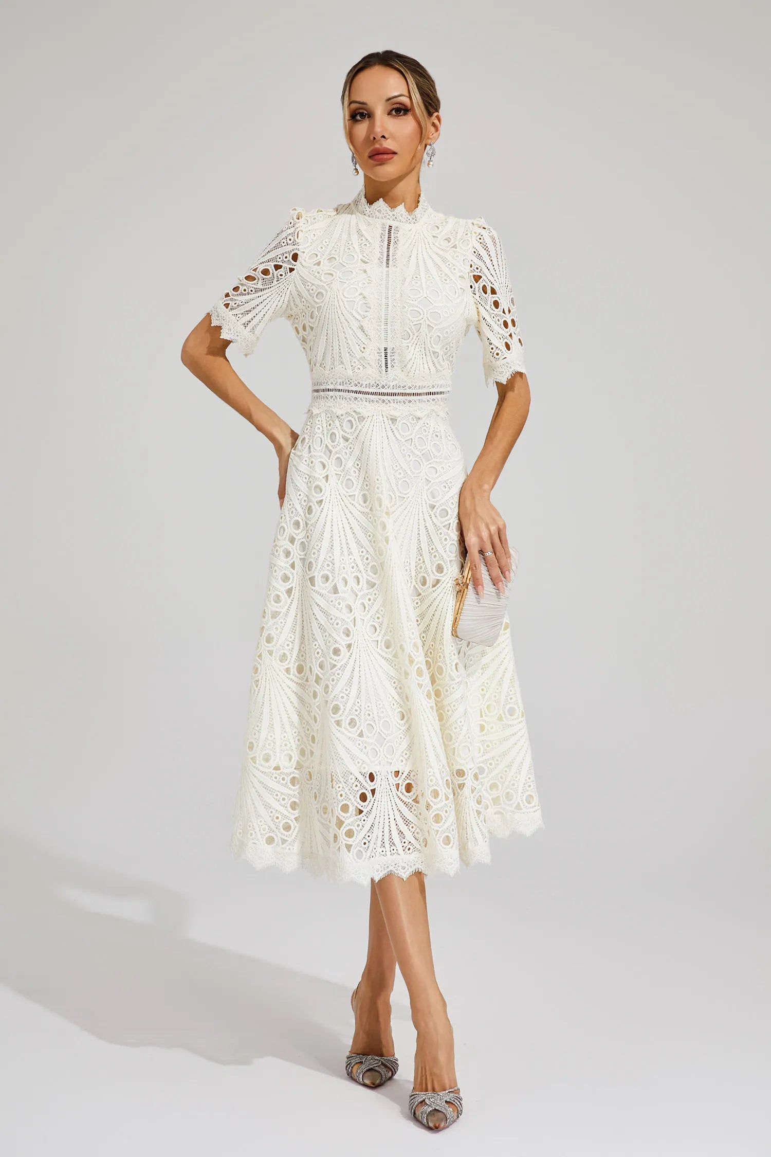 Women's Lace Midi Dress With High Neck And Short Sleeves