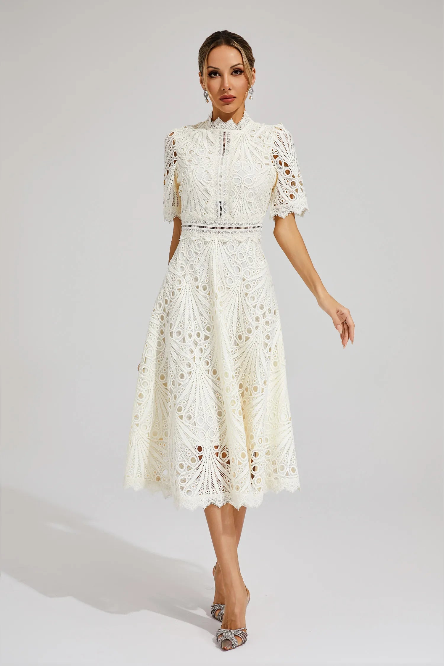 Women's Lace Midi Dress With High Neck And Short Sleeves