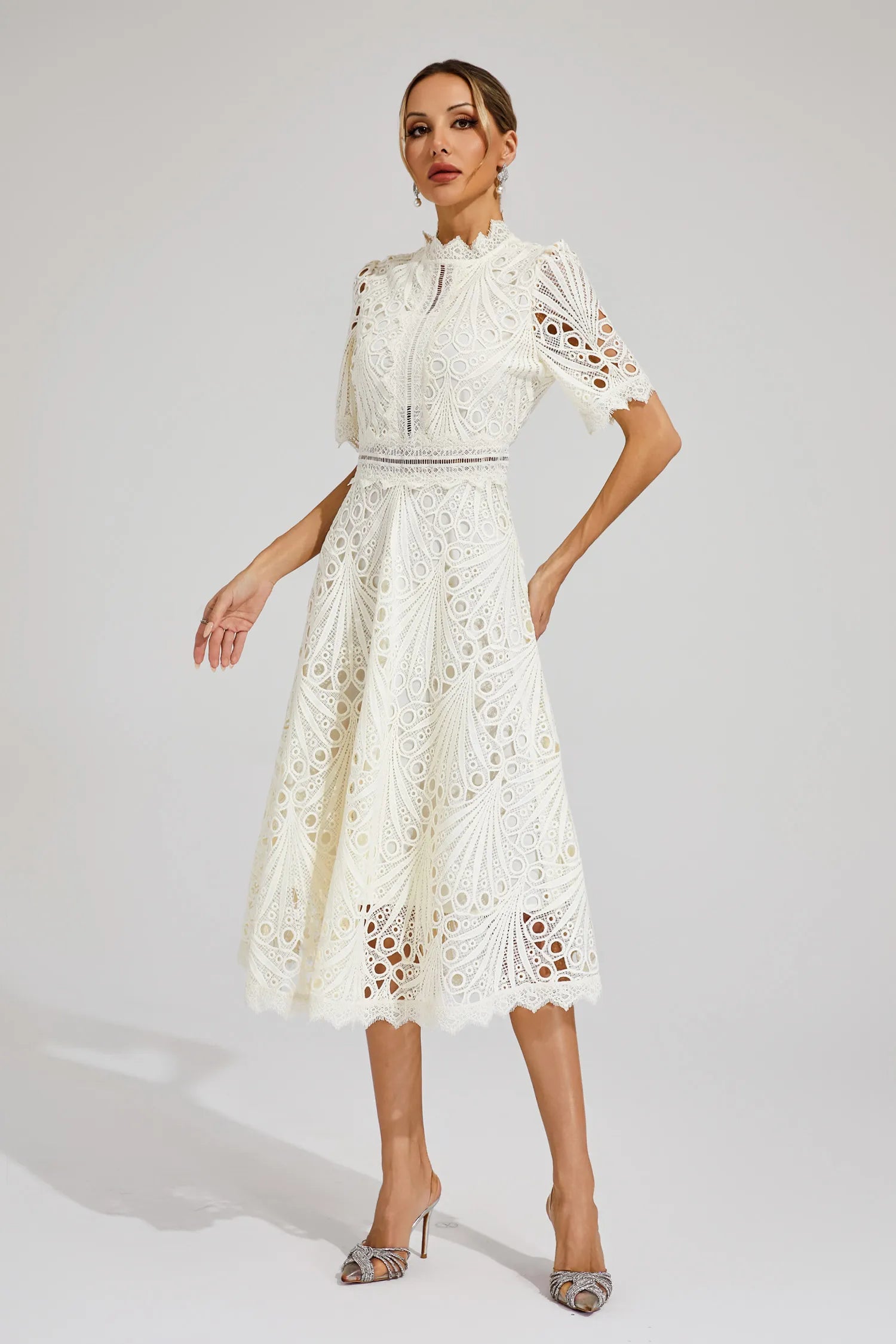 Women's Lace Midi Dress With High Neck And Short Sleeves