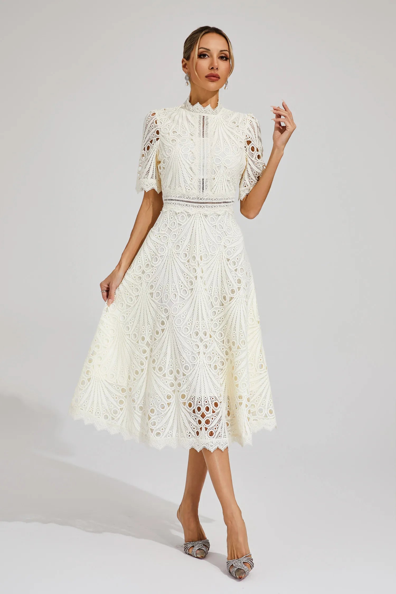 Women's Lace Midi Dress With High Neck And Short Sleeves