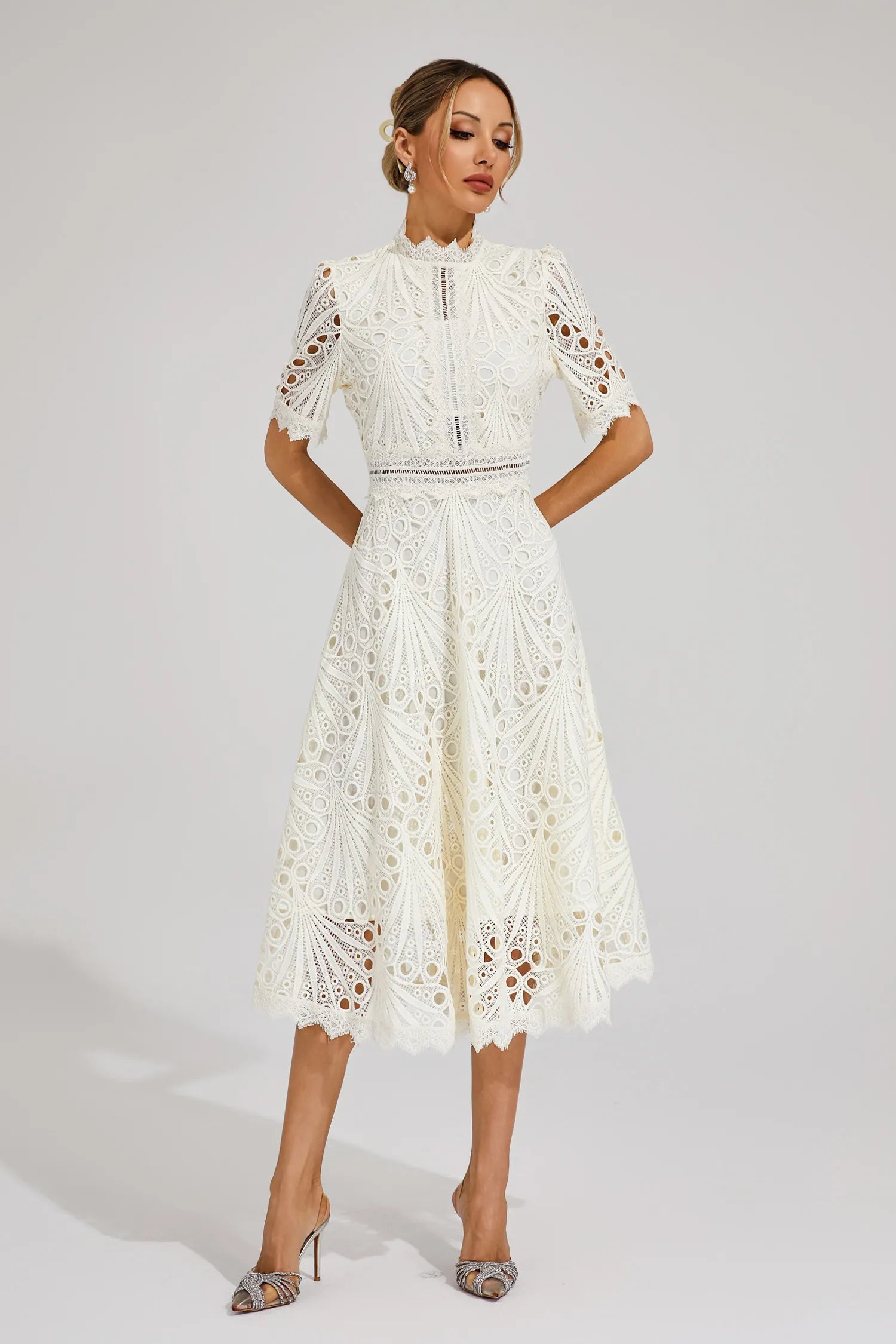 Women's Lace Midi Dress With High Neck And Short Sleeves
