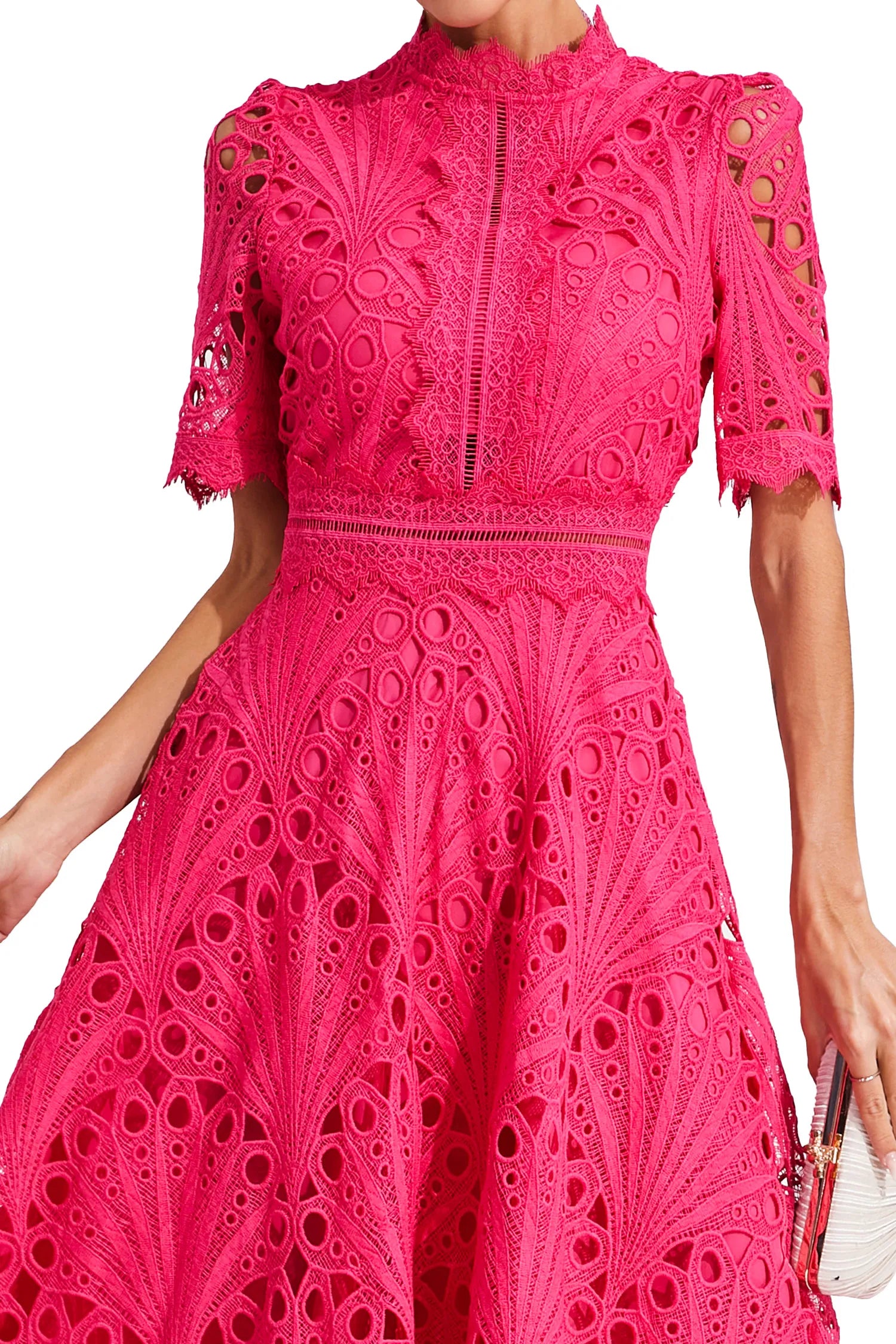 Women's Lace Midi Dress With High Neck And Short Sleeves