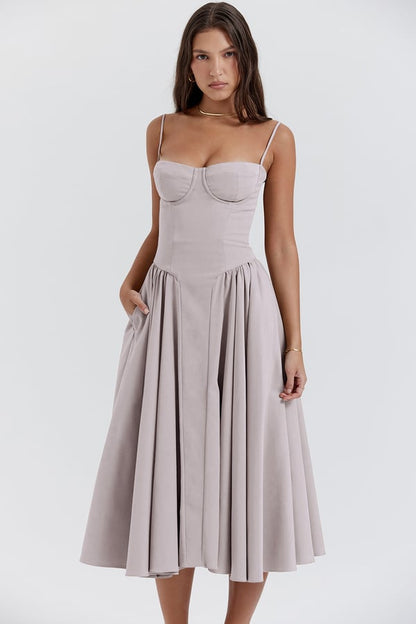 Women's Summer Midi Dress With Strapless Neckline & Pleated Skirt