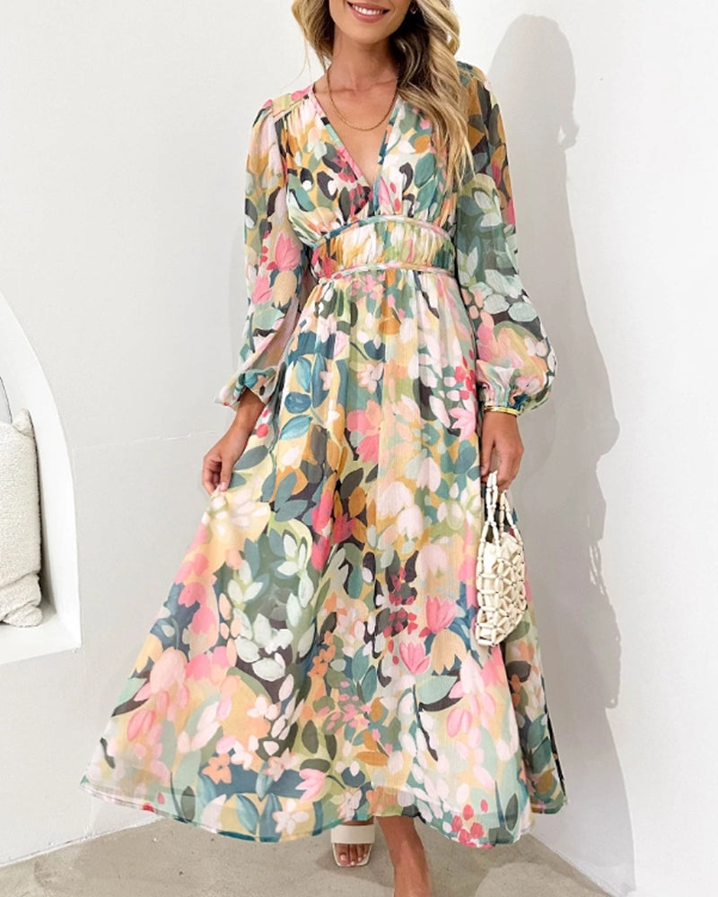 Midi Floral Dress with V-Neck and Long Sleeves