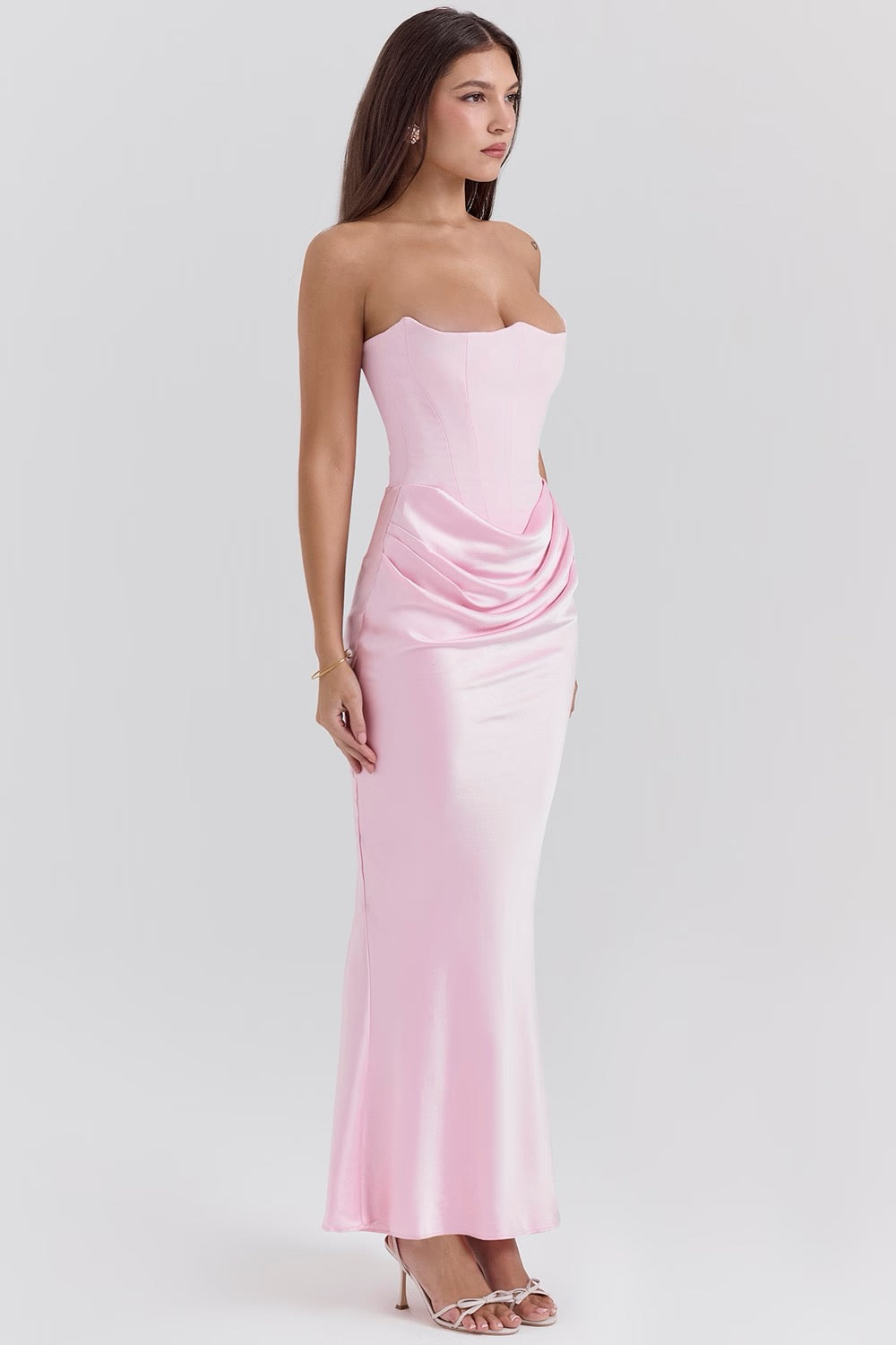 STRAPLESS CORSET SATIN WEDDING GUEST MAXI DRESS