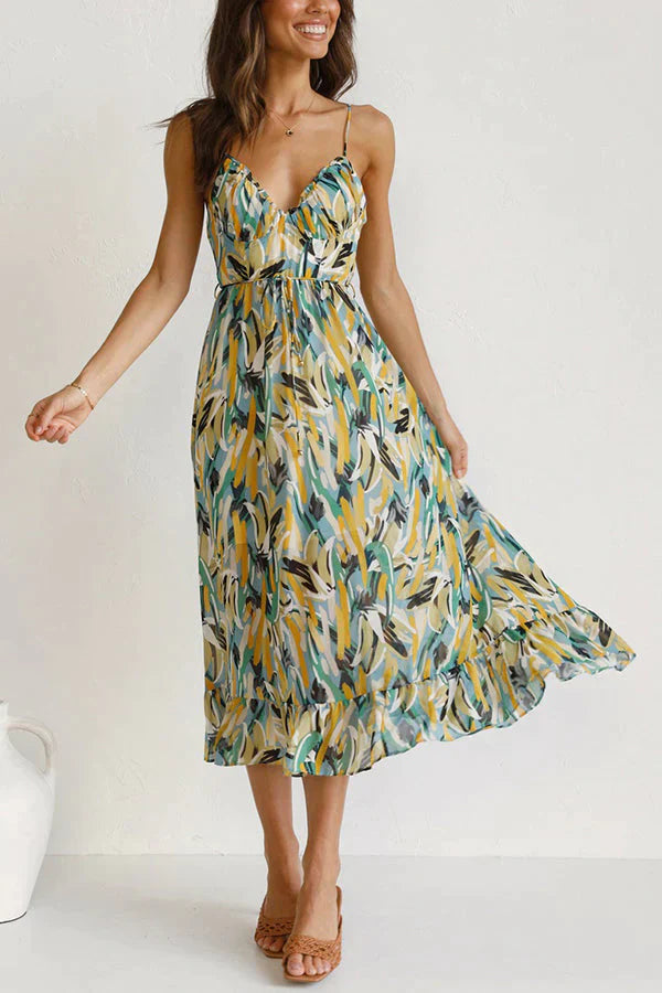 WOMEN'S MIDI SUMMER DRESS – LIGHTWEIGHT CHIFFON, RELAXED FIT, V-NECK WITH PRINT