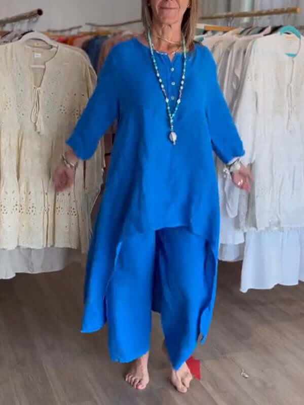 Women's Linen Two-piece Set With Asymmetric Top And Relaxed Trousers