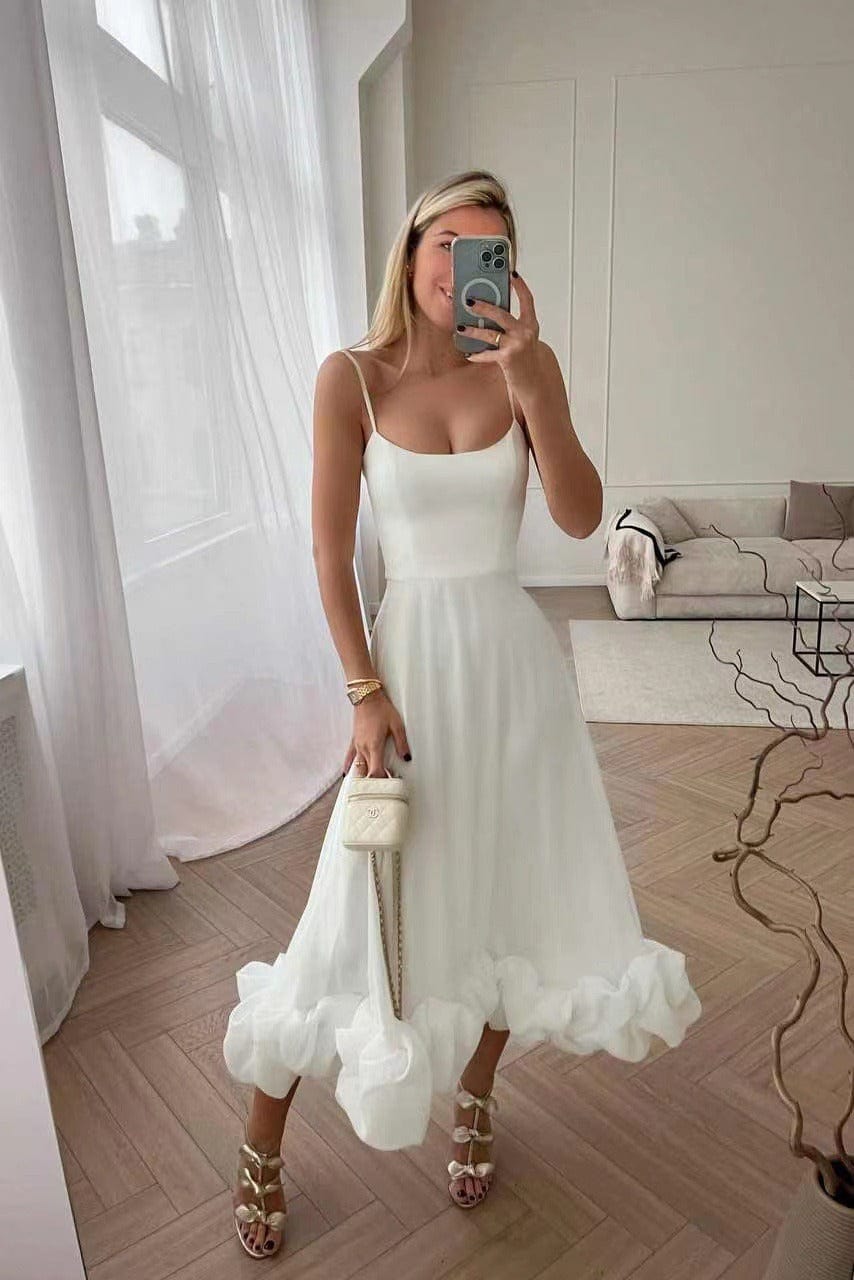 Women's Formal Midi Dress With Spaghetti Straps & Ruffled Hem