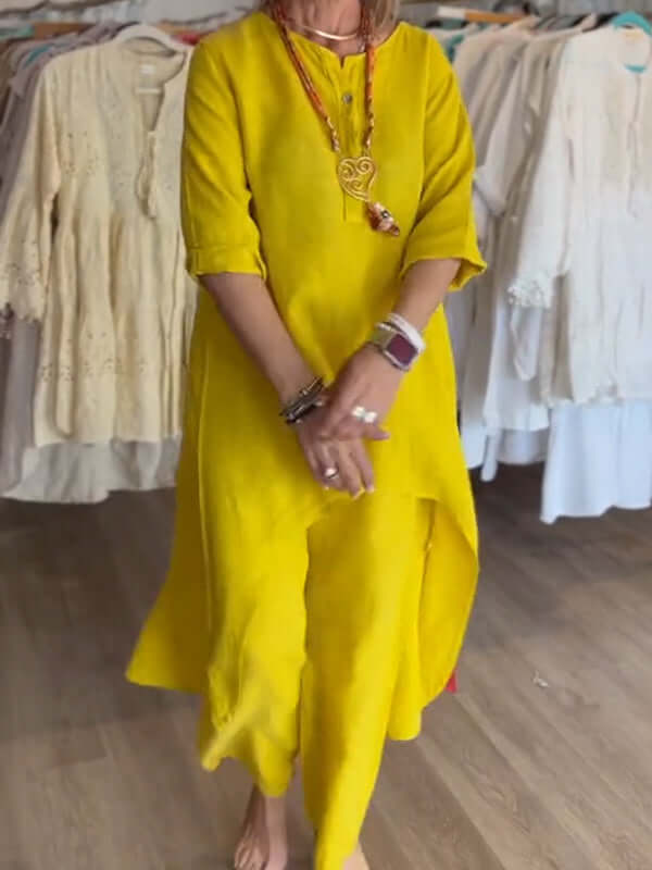 Women's Linen Two-piece Set With Asymmetric Top And Relaxed Trousers