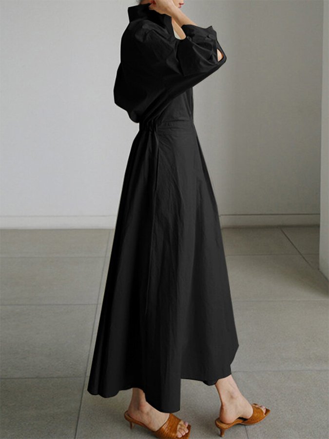 Women's Long Sleeve Shirt Dress With Collar And Tied Waist