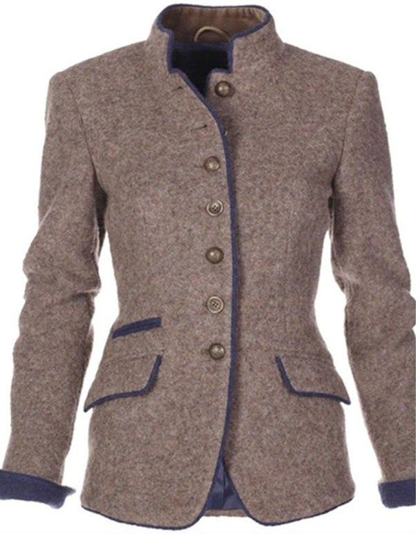Women's Brown Blazer Jacket With Stand Collar Trim | Tailored