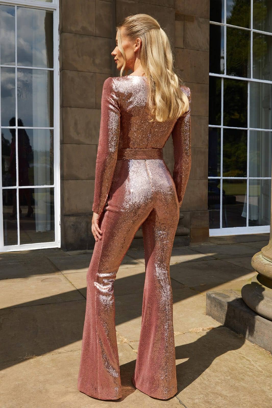 WOMEN'S SEQUIN BELTED EVENING JUMPSUIT WITH LONG SLEEVES