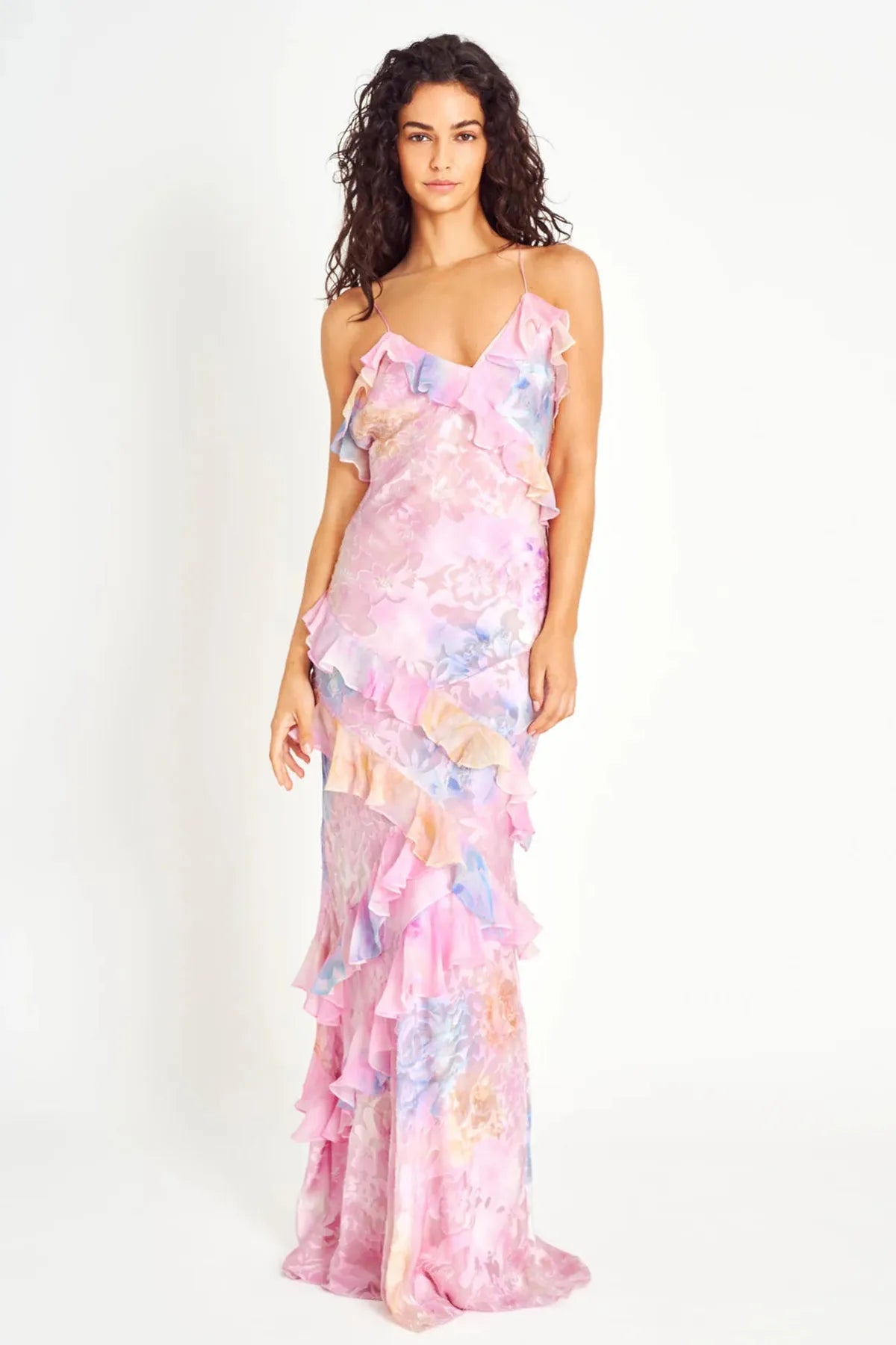 Women’s Floral Ruffle Maxi Dress With Spaghetti Straps