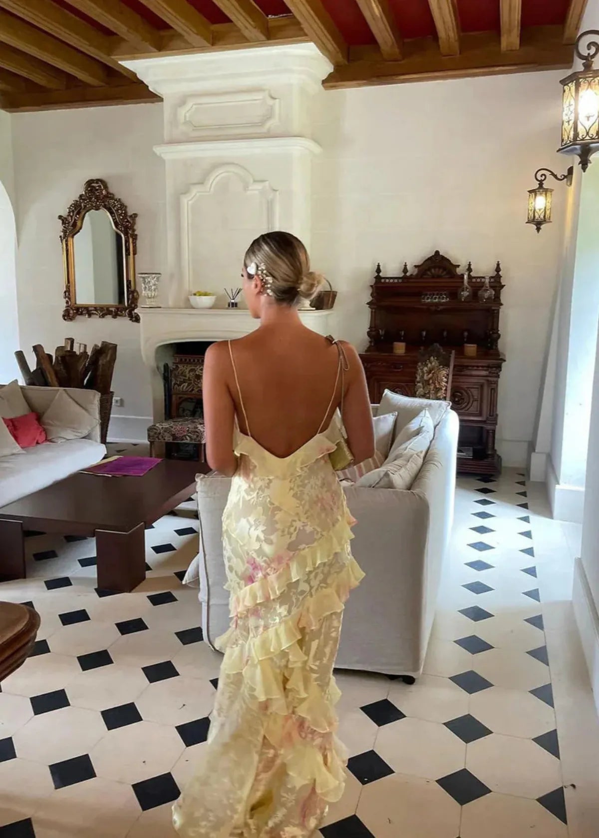 Women’s Floral Ruffle Maxi Dress With Spaghetti Straps