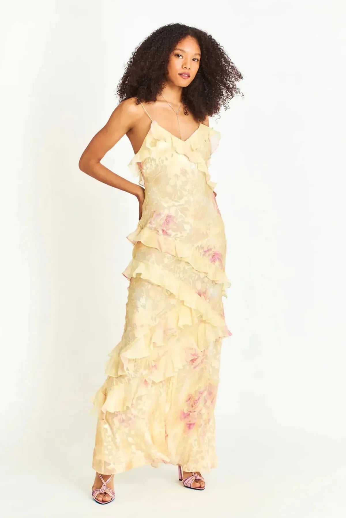 Women’s Floral Ruffle Maxi Dress With Spaghetti Straps