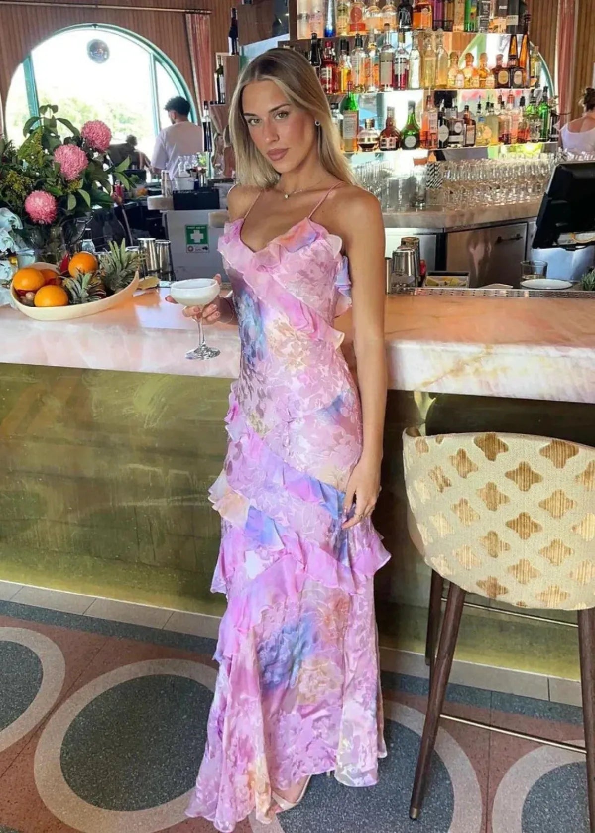 Women’s Floral Ruffle Maxi Dress With Spaghetti Straps