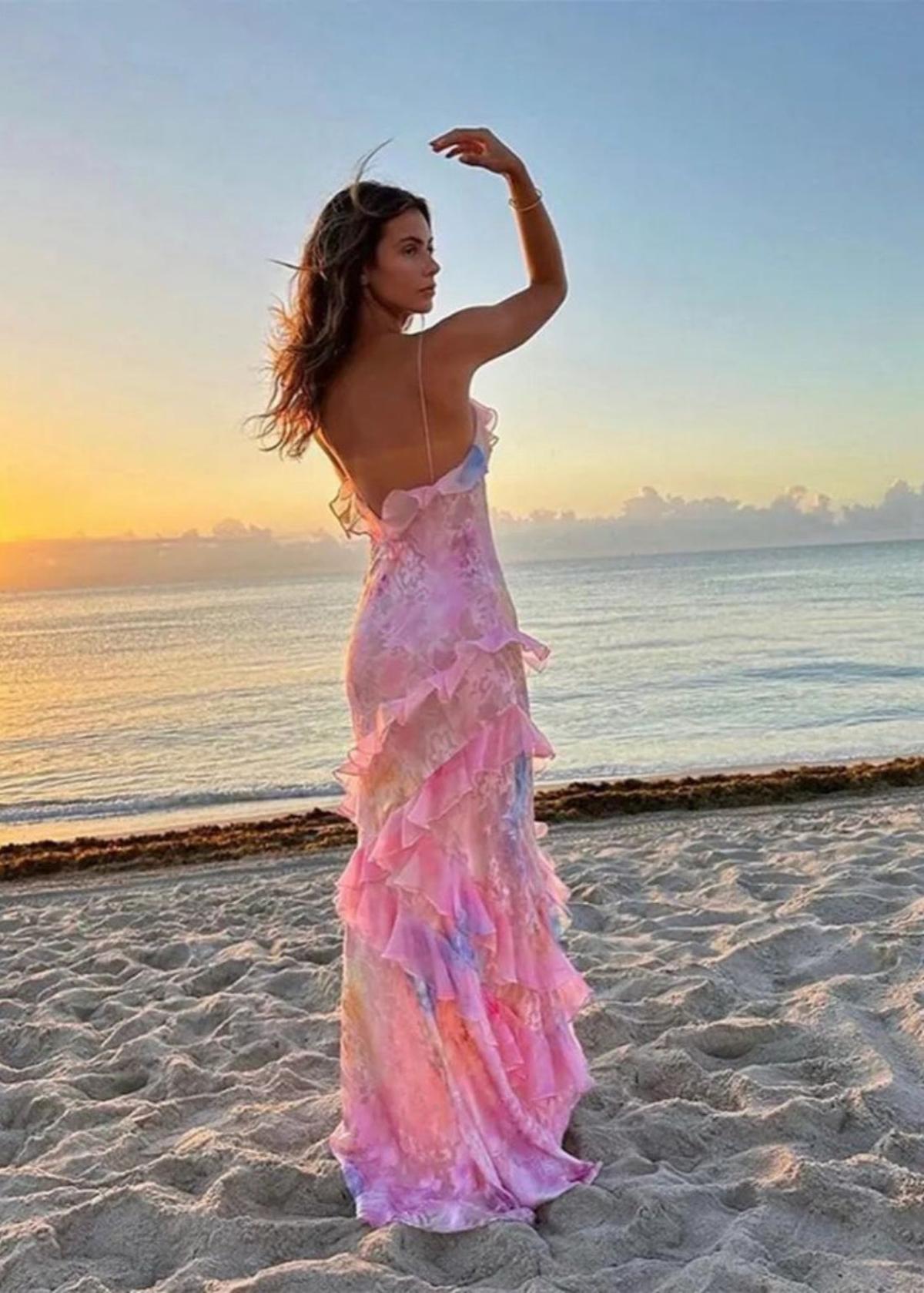 Women’s Floral Ruffle Maxi Dress With Spaghetti Straps