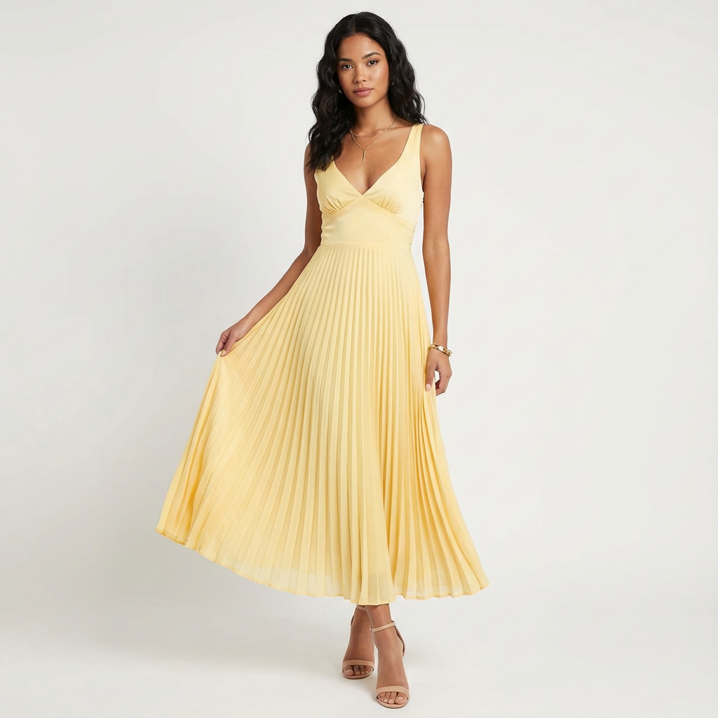 Alana | Women's Yellow Pleated A-Line Maxi Dress