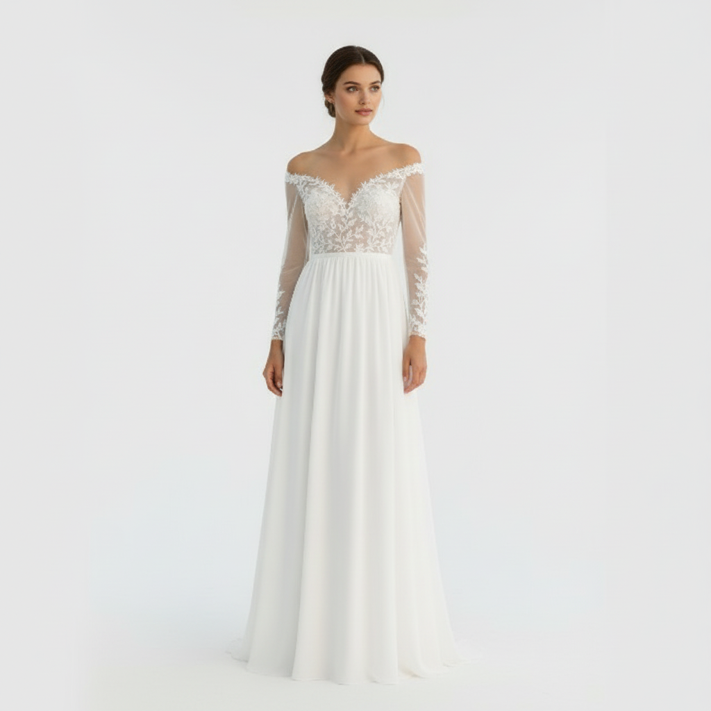 Amelia | Women's White A-Line Maxi Dress With Lace Detail And Off-Shoulder Neck | Elegant