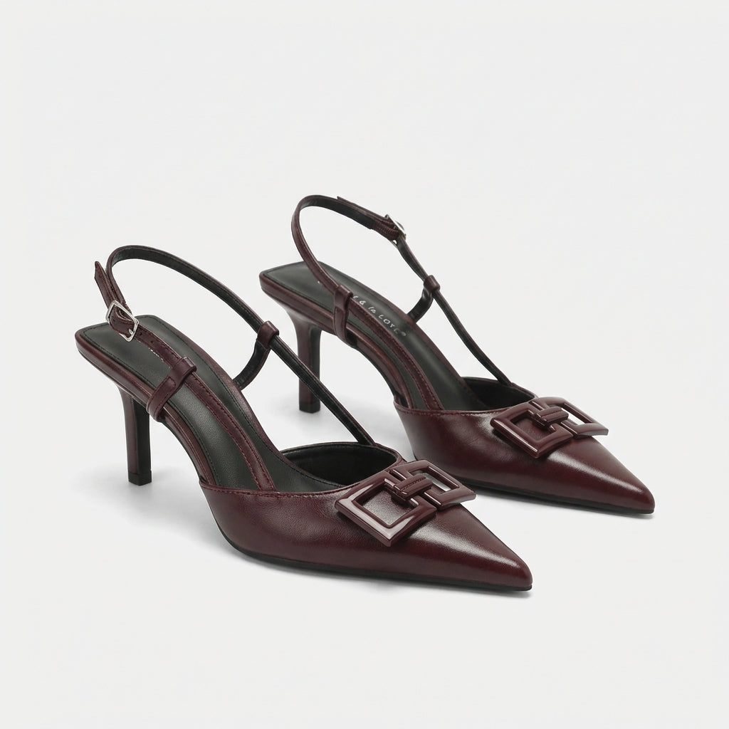 Amelia | Women's Slingback Heels With Burgundy Tone And Buckle Detail | Refined