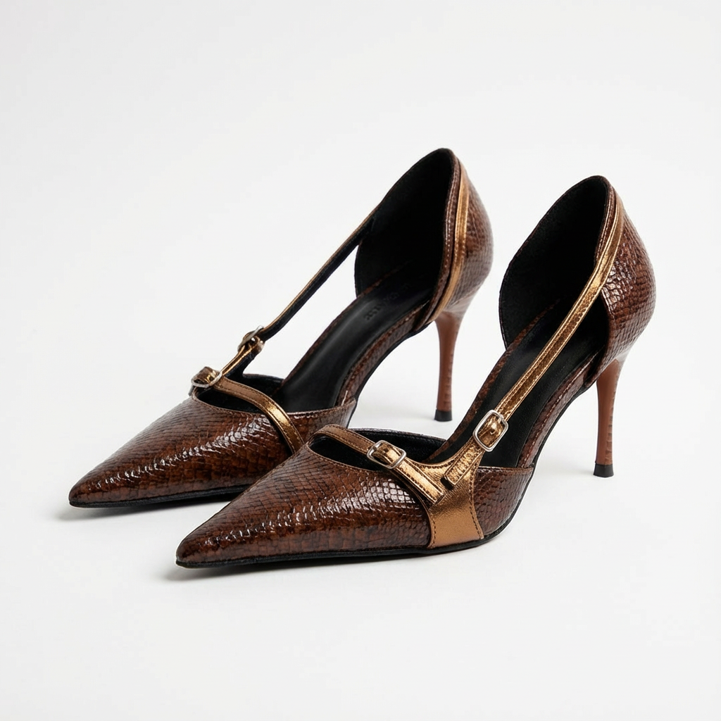 Amelia | Women's Brown Heels With Pointed Toe And Croc-Embossed Finish | Luxe