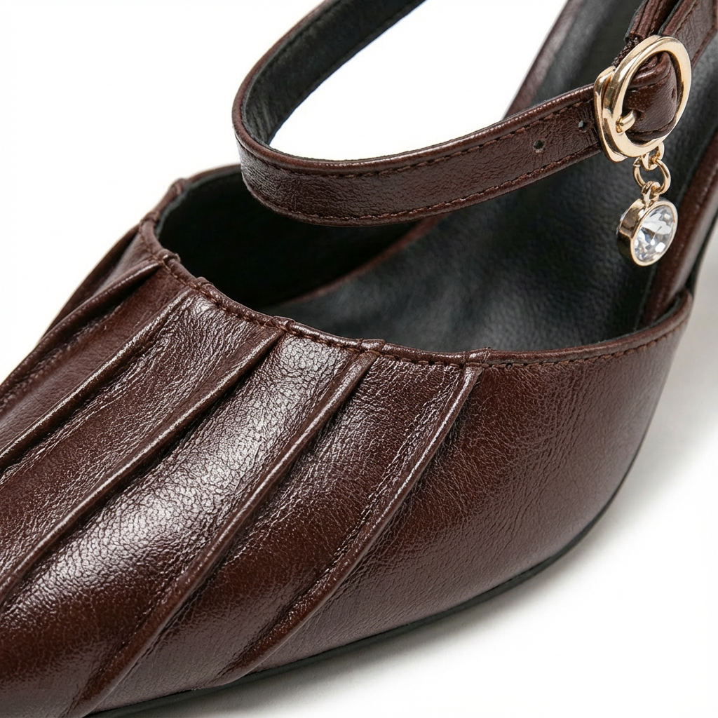 Ava | Women's Ankle Strap Heels With Burgundy Tone And Pleated Detail | Elegant