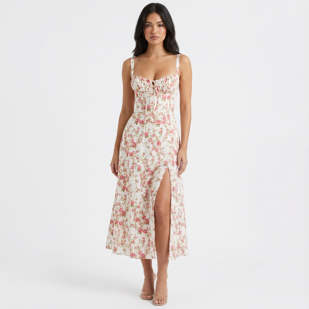 Ava | Women's White Midi Dress With Bustier Bodice And Front Slit | Feminine