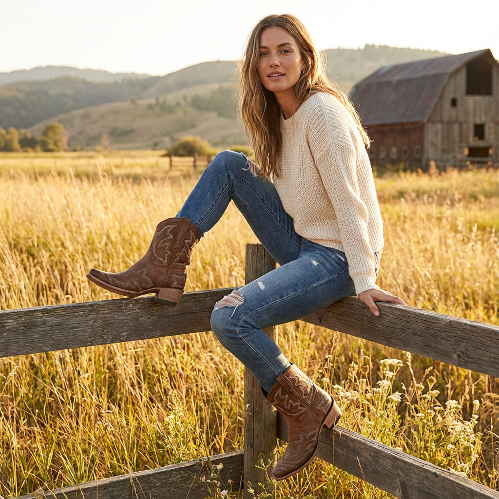 Ava | Women's Western Ankle Boots With Embroidered Stitching And Snip Toe | Rustic