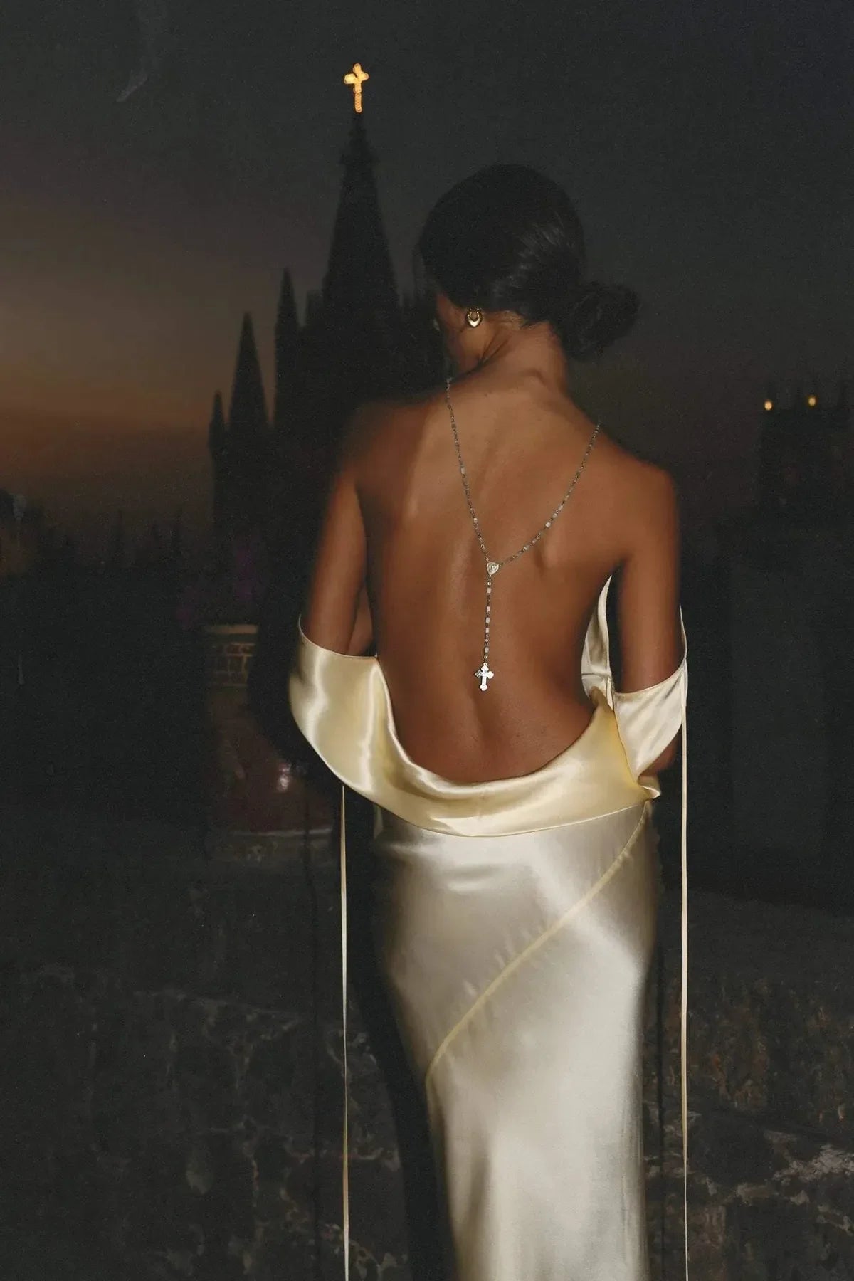 Women's Backless Satin Maxi Dress With Draped Neckline