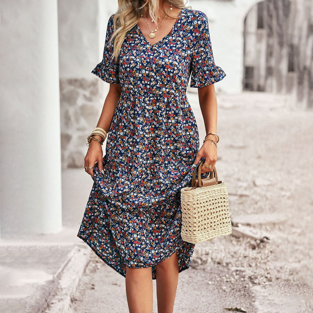 Women's Floral Midi Dress With V-neck & Short Sleeves