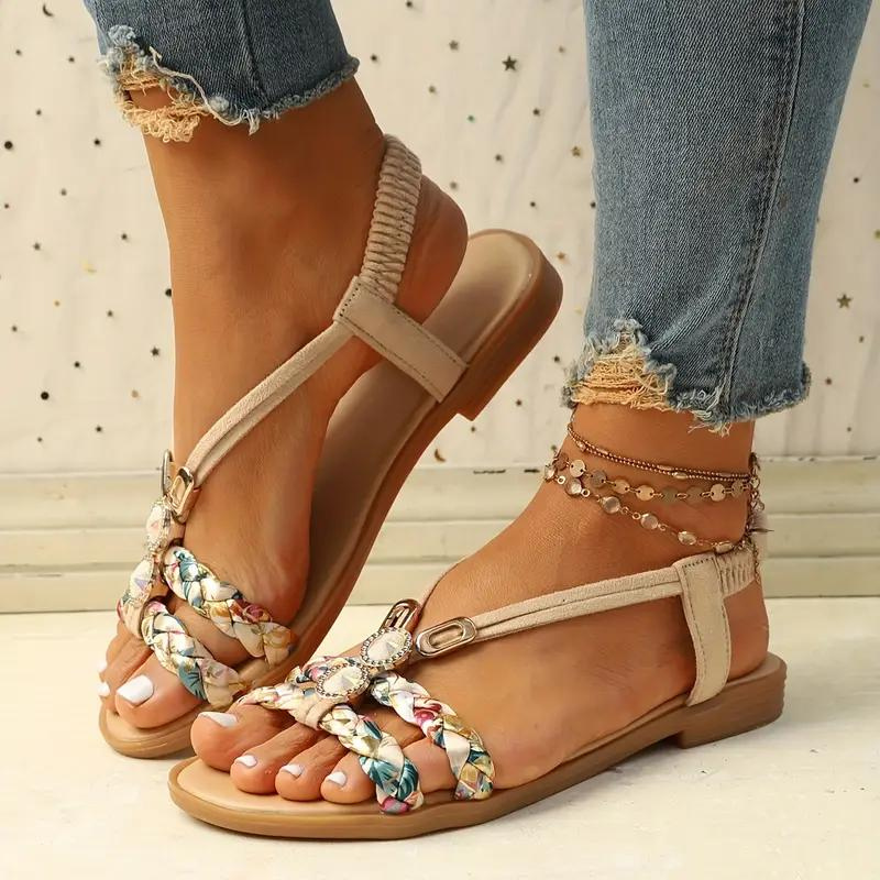 Women's Summer Sandals With Braided Straps & Gem Detail