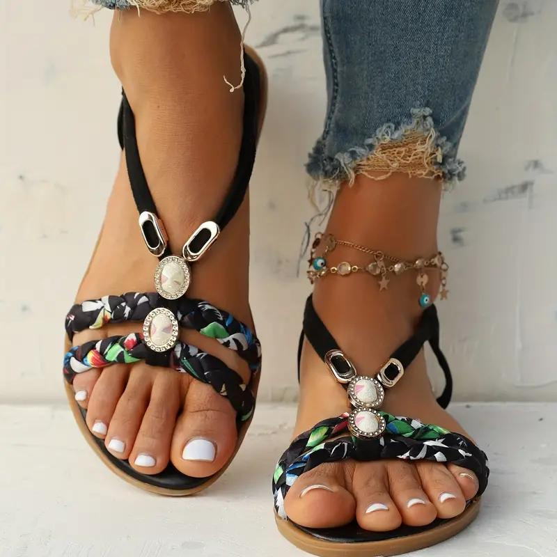 Women's Summer Sandals With Braided Straps & Gem Detail