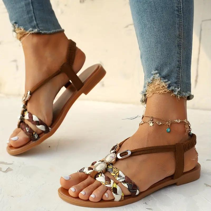 Women's Summer Sandals With Braided Straps & Gem Detail