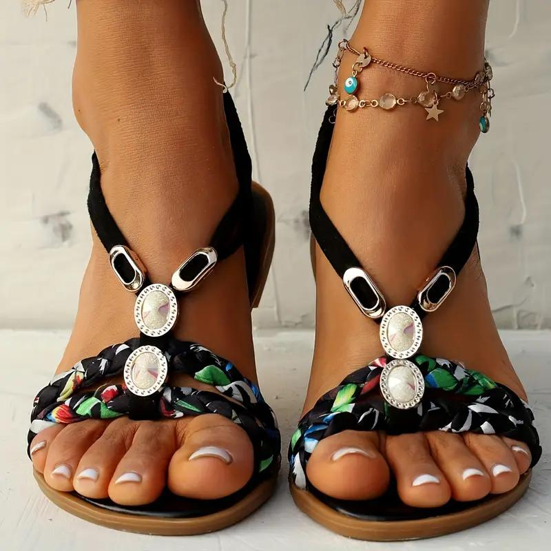 Women's Summer Sandals With Braided Straps & Gem Detail