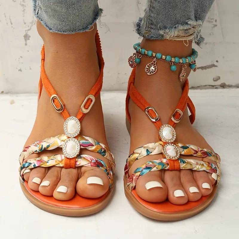 Women's Summer Sandals With Braided Straps & Gem Detail