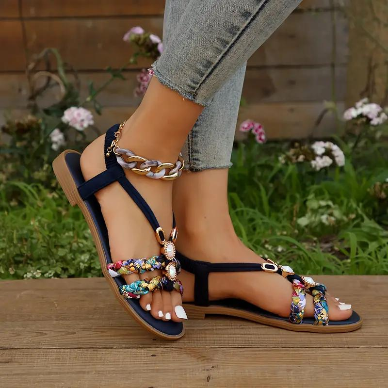 Women's Summer Sandals With Braided Straps & Gem Detail
