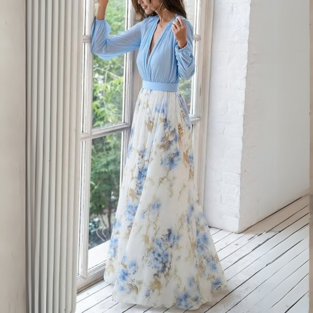 Women's Floral Maxi Dress With V-neck And Long Sleeves