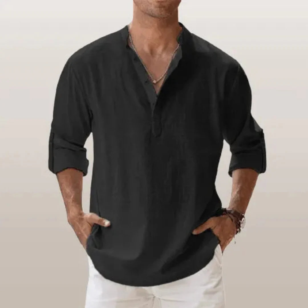 Men's Linen Henley Shirt With Roll-up Sleeves